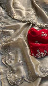 Pure Soft Tissue Silk Saree with Red Velvet Blouse and Zardozi Hand Embroidery