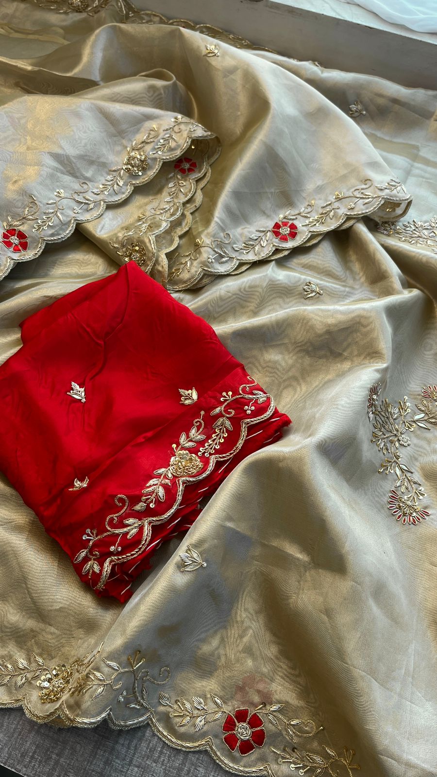 Pure Soft Tissue Silk Saree with Red Velvet Blouse and Zardozi Hand Embroidery