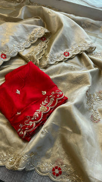 Pure Soft Tissue Silk Saree with Red Velvet Blouse and Zardozi Hand Embroidery