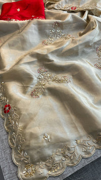 Pure Soft Tissue Silk Saree with Red Velvet Blouse and Zardozi Hand Embroidery