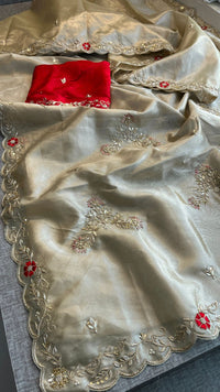 Pure Soft Tissue Silk Saree with Red Velvet Blouse and Zardozi Hand Embroidery