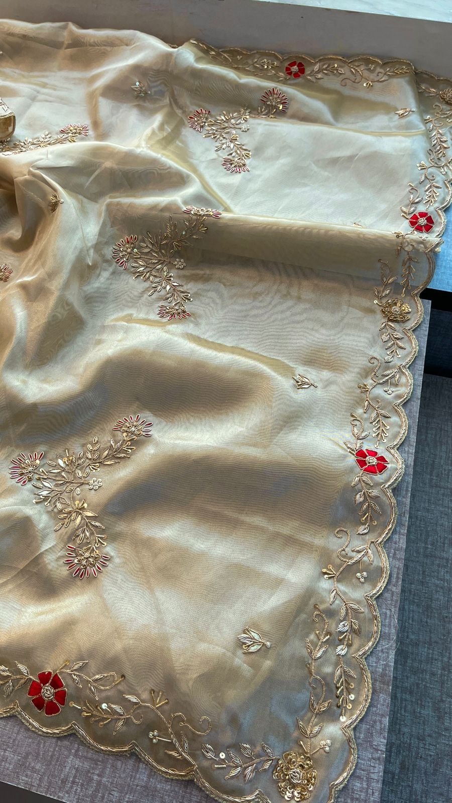 Pure Soft Tissue Silk Saree with Red Velvet Blouse and Zardozi Hand Embroidery