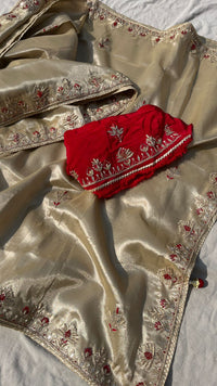 Pure Soft Tissue Silk Saree with Red Velvet Blouse and Zardozi Hand Embroidery