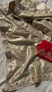 Pure Soft Tissue Silk Saree with Red Velvet Blouse and Zardozi Hand Embroidery