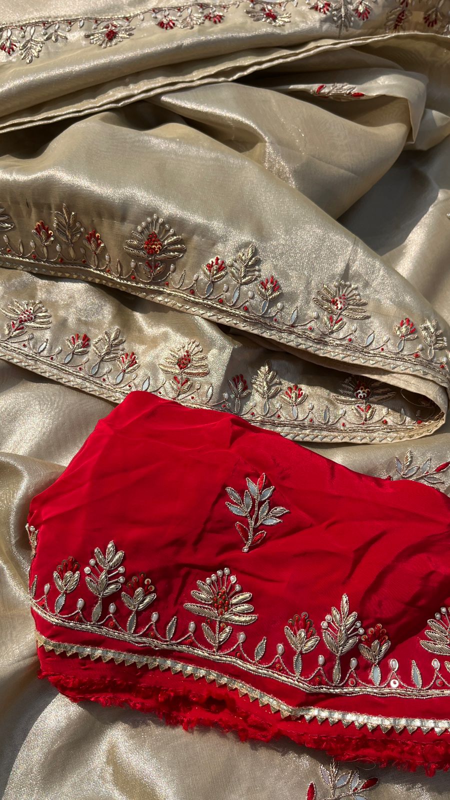 Pure Soft Tissue Silk Saree with Red Velvet Blouse and Zardozi Hand Embroidery
