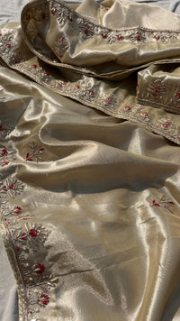 Pure Soft Tissue Silk Saree with Red Velvet Blouse and Zardozi Hand Embroidery