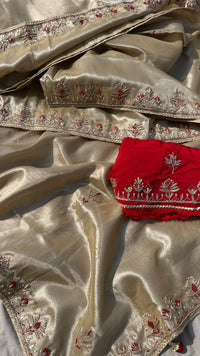 Pure Soft Tissue Silk Saree with Red Velvet Blouse and Zardozi Hand Embroidery