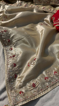 Pure Soft Tissue Silk Saree with Red Velvet Blouse and Zardozi Hand Embroidery