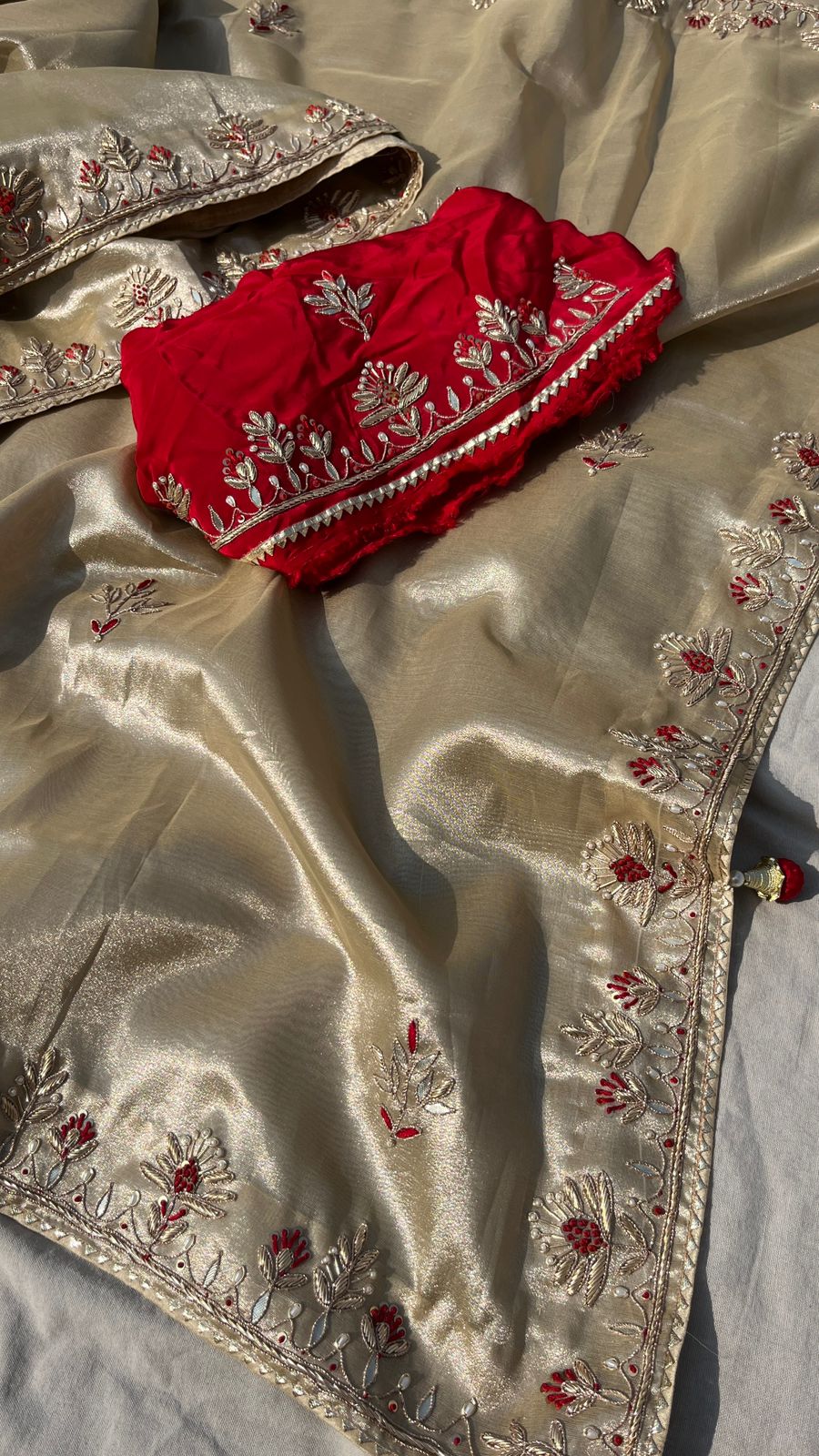 Pure Soft Tissue Silk Saree with Red Velvet Blouse and Zardozi Hand Embroidery