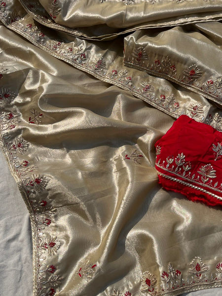 Pure Soft Tissue Silk Saree with Red Velvet Blouse and Zardozi Hand Embroidery
