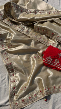 Pure Soft Tissue Silk Saree with Red Velvet Blouse and Zardozi Hand Embroidery