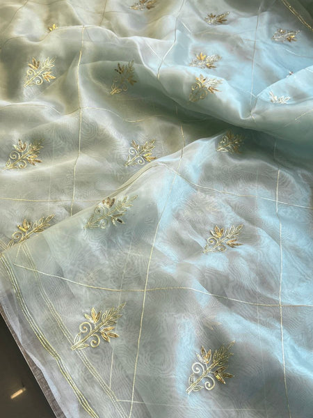 Premium Tissue Organza Saree With Gold Embroidered Butti And Elegant Grid Pattern