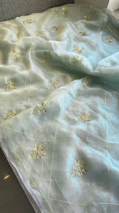 Gold Zari Butti On Tissue Organza Silk · 28 Artisan Hours of work · The Sunehri Edit
