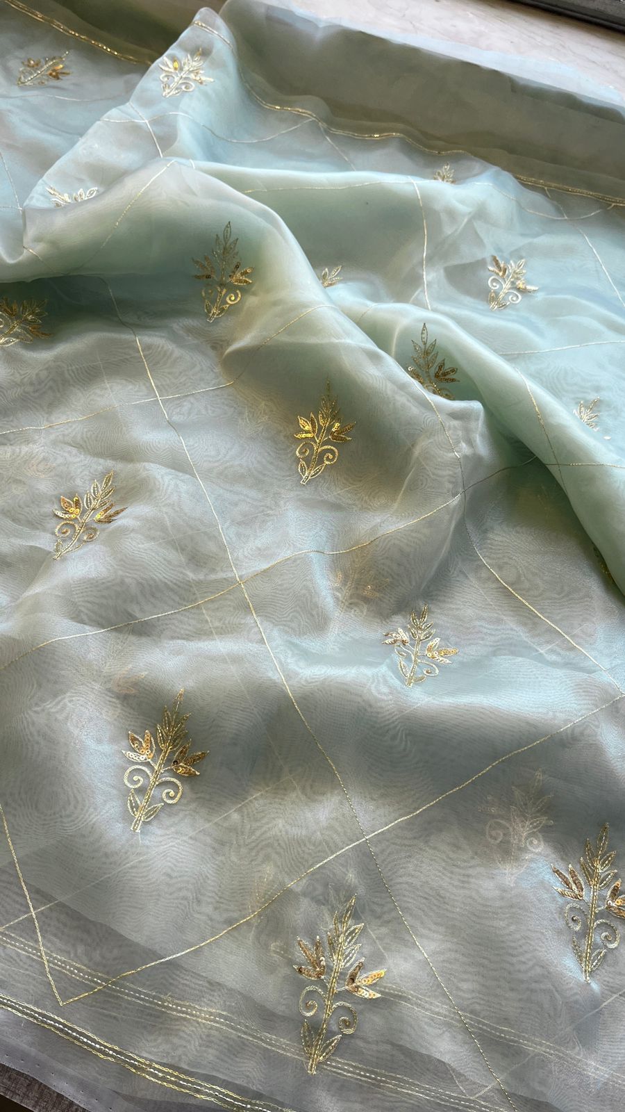 Gold Zari Butti On Tissue Organza Silk · 28 Artisan Hours of work · The Sunehri Edit