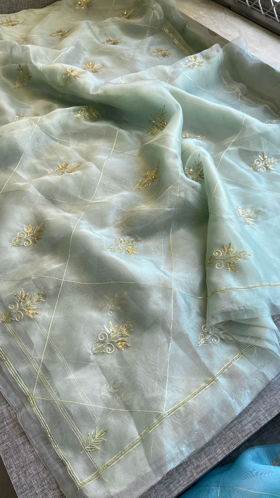Gold Zari Butti On Tissue Organza Silk · 28 Artisan Hours of work · The Sunehri Edit