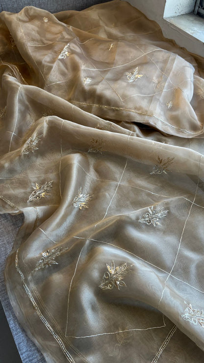 Gold Zari Butti On Tissue Organza Silk · 28 Artisan Hours of work · The Sunehri Edit