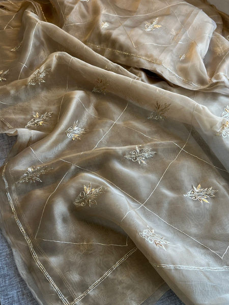 Premium Tissue Organza Saree With Gold Embroidered Butti And Elegant Grid Pattern
