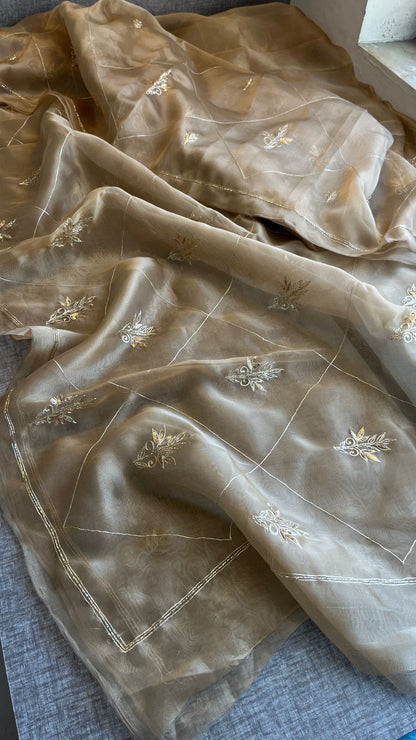 Gold Zari Butti On Tissue Organza Silk · 28 Artisan Hours of work · The Sunehri Edit