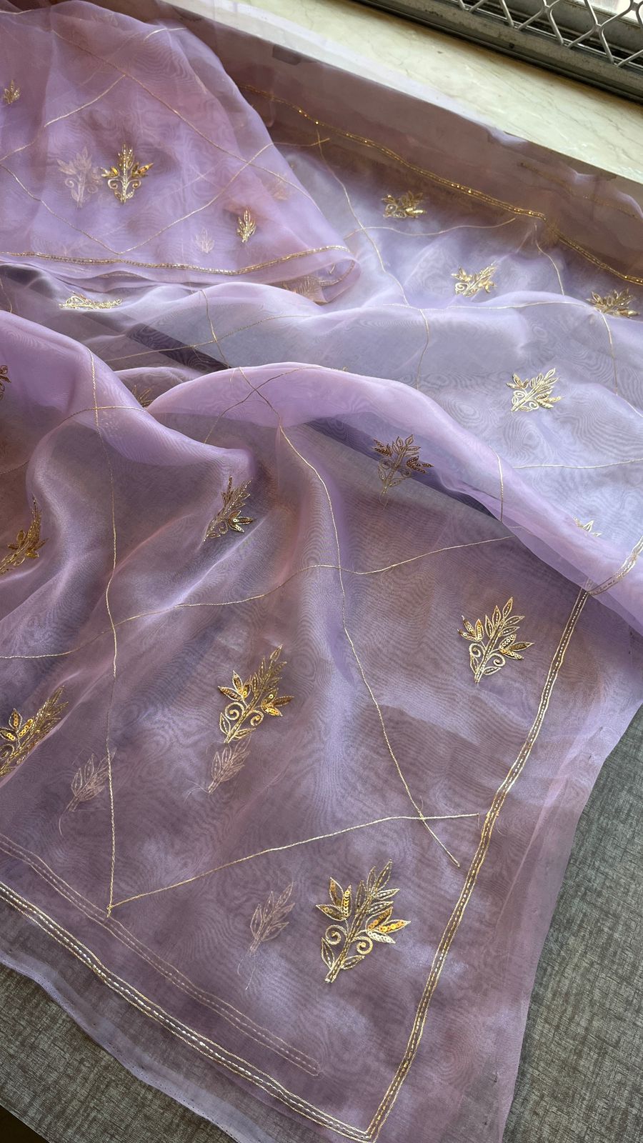 Gold Zari Butti On Tissue Organza Silk · 28 Artisan Hours of work · The Sunehri Edit