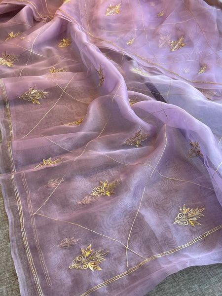 Premium Tissue Organza Saree With Gold Embroidered Butti And Elegant Grid Pattern