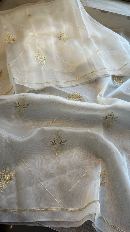 Gold Zari Butti On Tissue Organza Silk · 28 Artisan Hours of work · The Sunehri Edit
