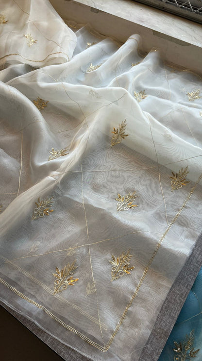 Gold Zari Butti On Tissue Organza Silk · 28 Artisan Hours of work · The Sunehri Edit