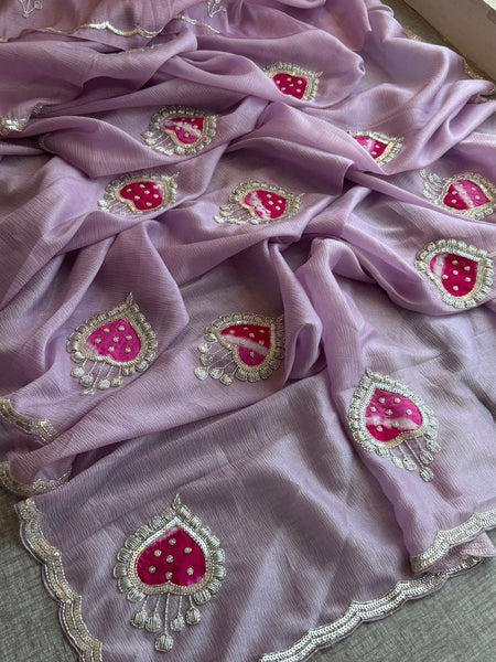 Designer Chinon Crush Saree With Zardozi Embroidery Butti And Scalloped Border Finish