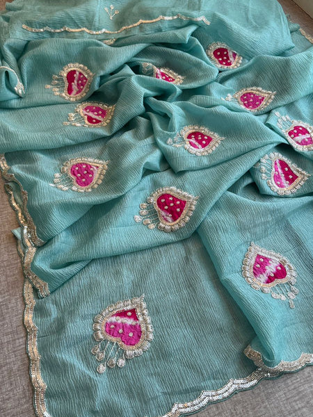 Designer Chinon Crush Saree With Zardozi Embroidery Butti And Scalloped Border Finish