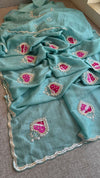 Pastel Aqua Green With Contrast Pink Embroidery