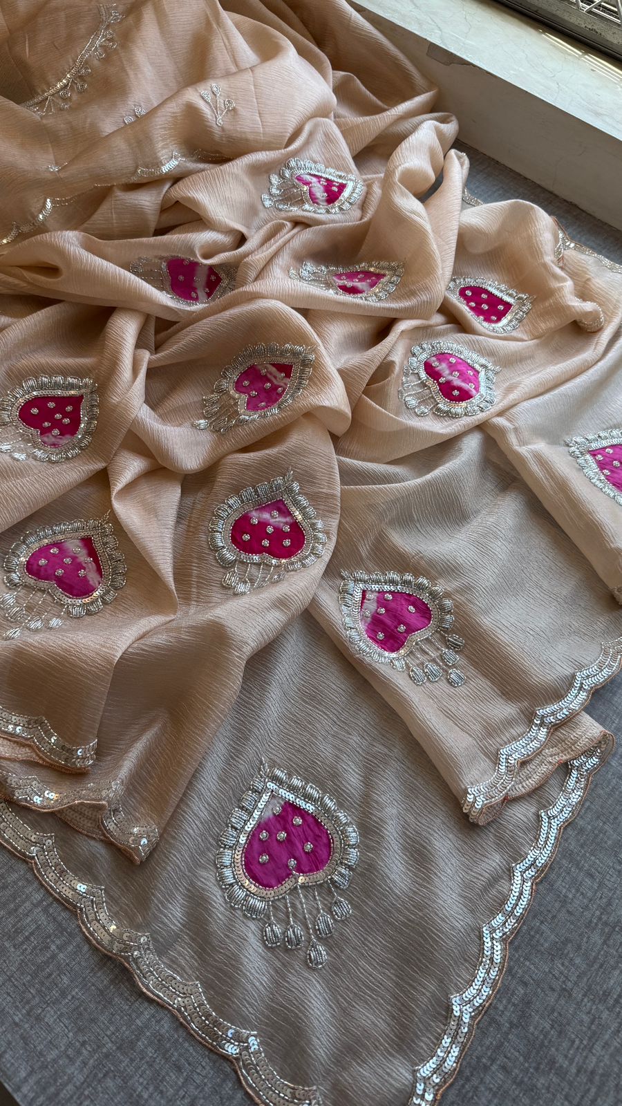 Designer Chinon Crush Saree With Zardozi Embroidery Butti And Scalloped Border Finish