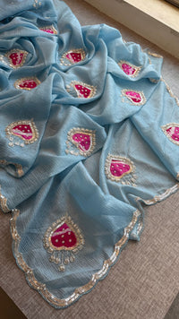 Designer Chinon Crush Saree With Zardozi Embroidery Butti And Scalloped Border Finish