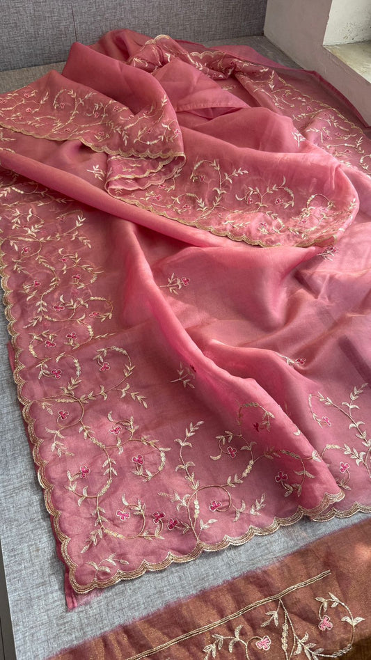Floral Resham Embroidery On Soft Tissue Organza Silk · 32 Artisan Hours of work · The Noor Edit