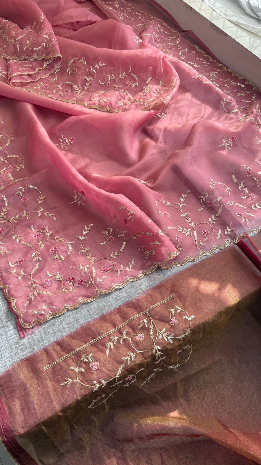Floral Resham Embroidery On Soft Tissue Organza Silk · 32 Artisan Hours of work · The Noor Edit