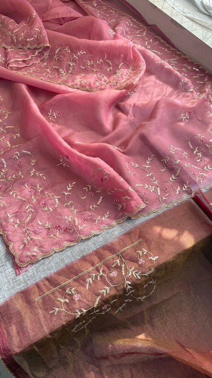 Floral Resham Embroidery On Soft Tissue Organza Silk · 32 Artisan Hours of work · The Noor Edit