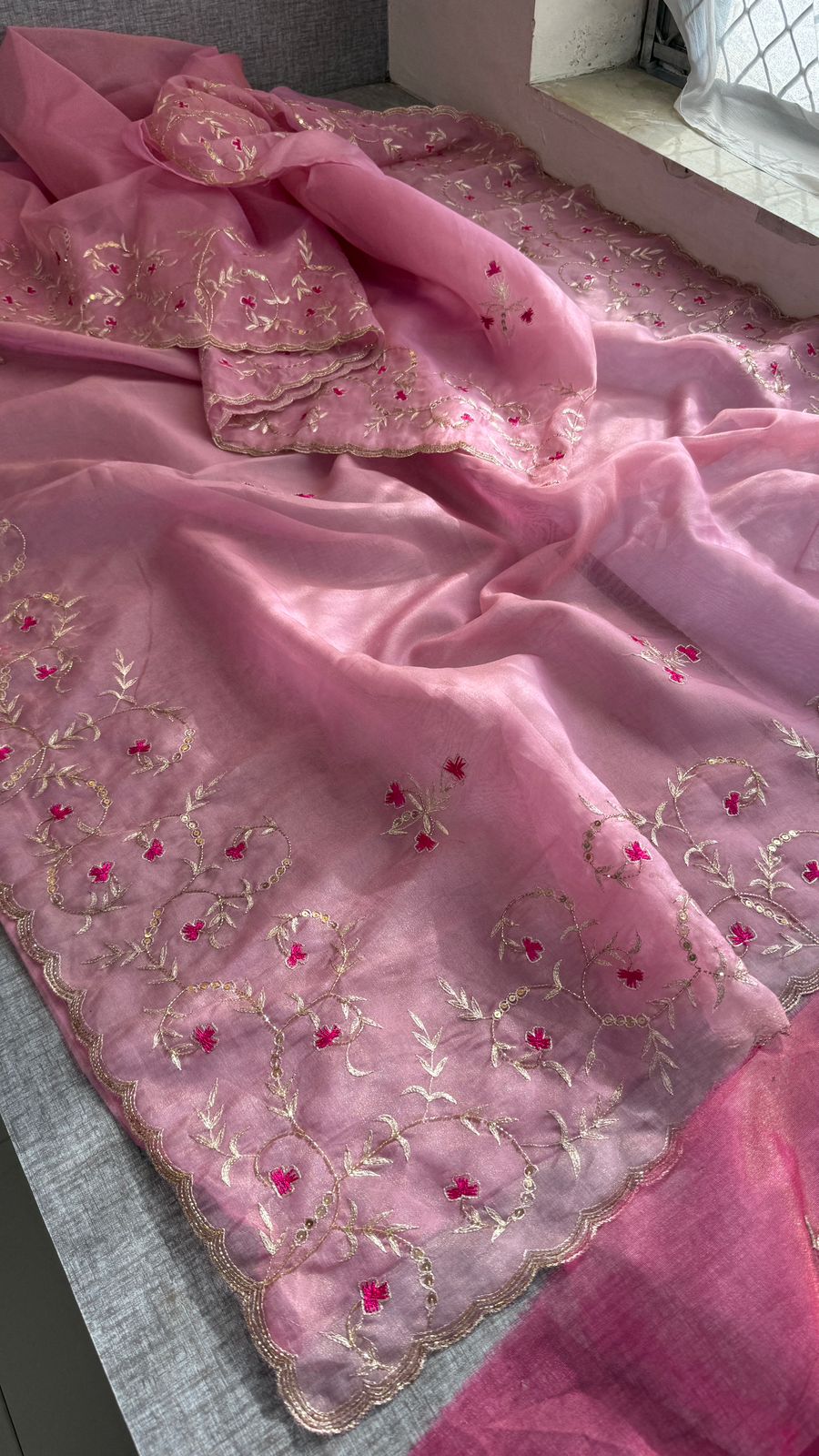 Floral Resham Embroidery On Soft Tissue Organza Silk · 32 Artisan Hours of work · The Noor Edit