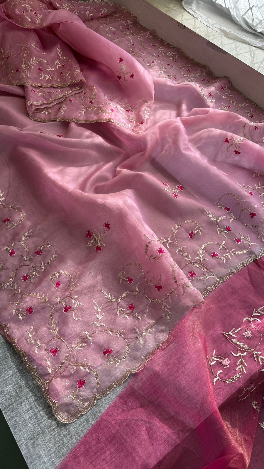 Floral Resham Embroidery On Soft Tissue Organza Silk · 32 Artisan Hours of work · The Noor Edit