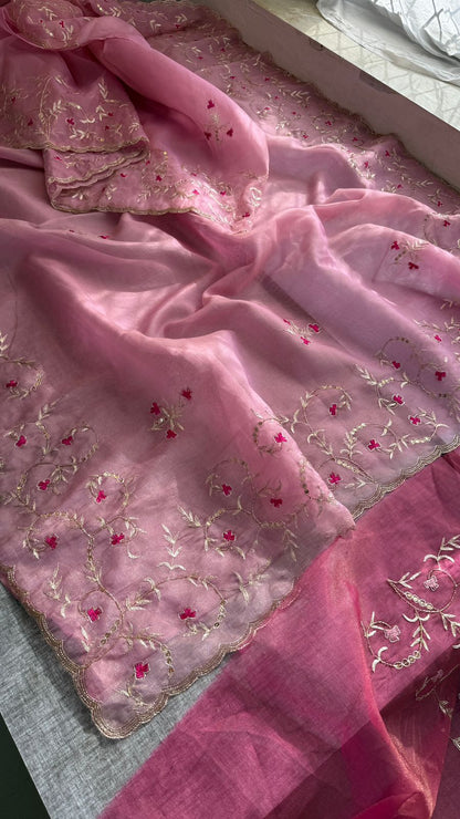 Floral Resham Embroidery On Soft Tissue Organza Silk · 32 Artisan Hours of work · The Noor Edit