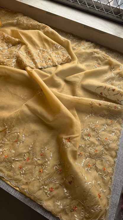 Floral Resham Embroidery On Soft Tissue Organza Silk · 32 Artisan Hours of work · The Noor Edit