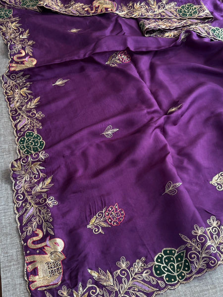 Premium Munga Silk Saree With Elephant Motif Embroidery And Designer Floral Border