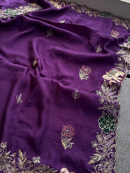Premium Munga Silk Saree With Elephant Motif Embroidery And Designer Floral Border