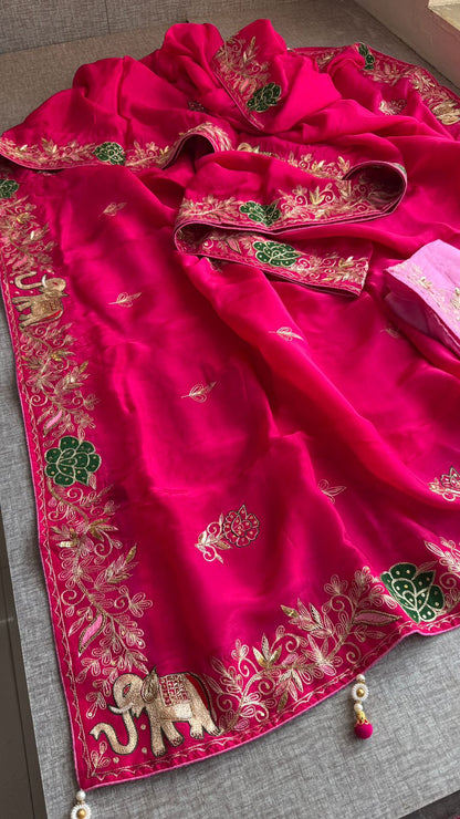 Elephant Motif Resham Embroidery On Munga Silk · 36 Artisan Hours of work · The Virasat Edit