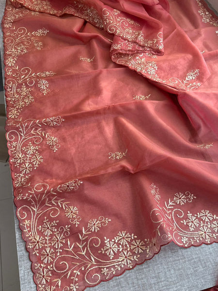 Premium Soft Organza Silk Saree With Pittan Embroidery Floral Border And Scalloped Finish