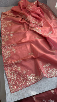 Premium Soft Organza Silk Saree With Pittan Embroidery Floral Border And Scalloped Finish