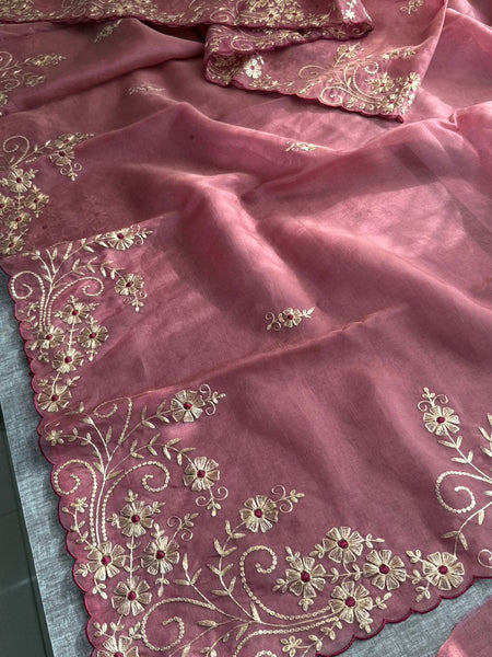 Premium Soft Organza Silk Saree With Pittan Embroidery Floral Border And Scalloped Finish