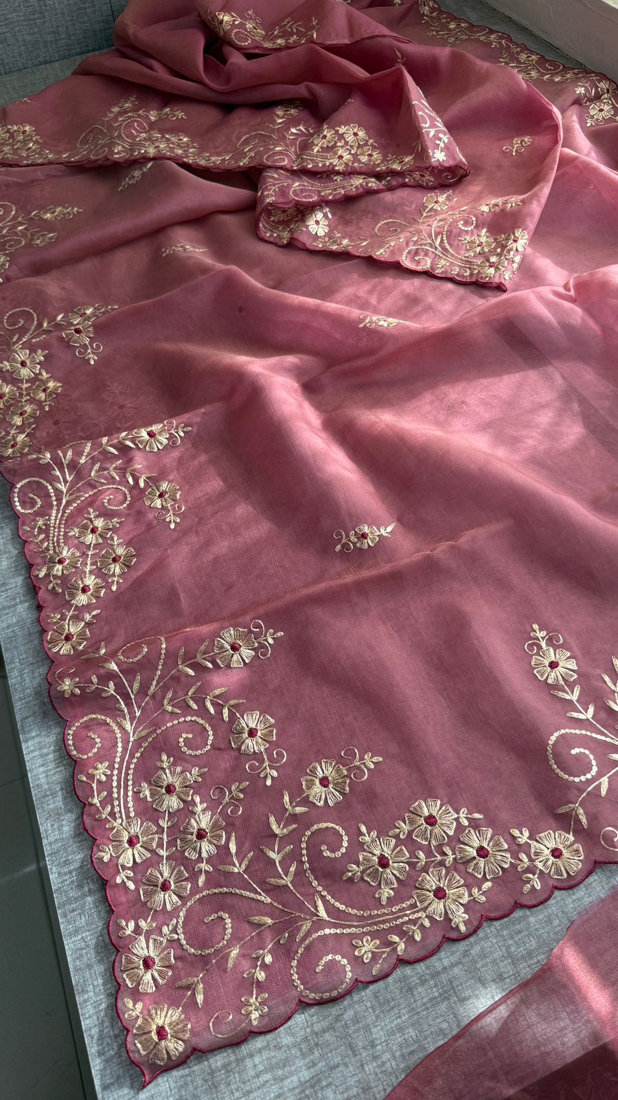 Pittan Embroidery Floral On Soft Organza Silk · 40 Artisan Hours of work · The Zari Edit