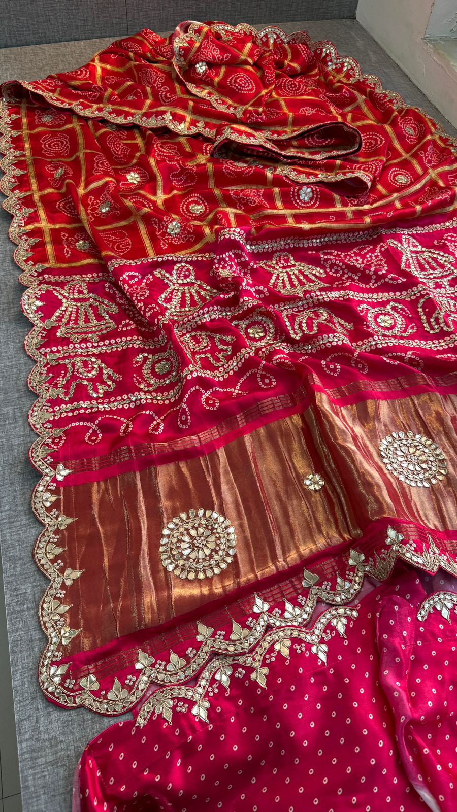 Pure Gajji Silk Saree With Lakdi Patta Digital Print And Zardozi Elephant Border Work