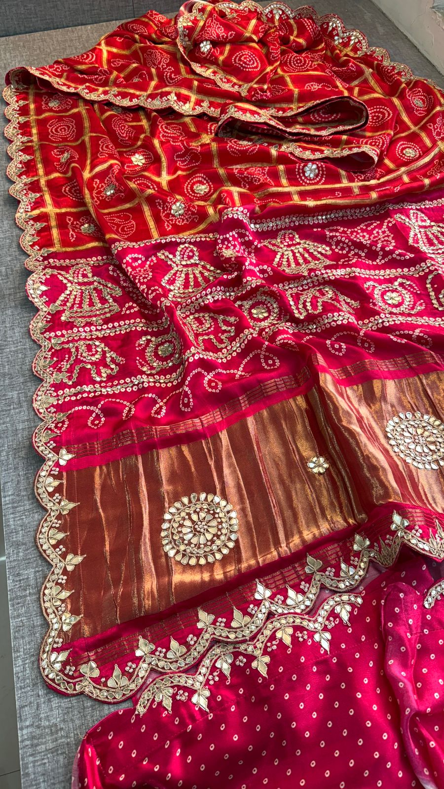 Pure Gajji Silk Saree With Lakdi Patta Digital Print And Zardozi Elephant Border Work