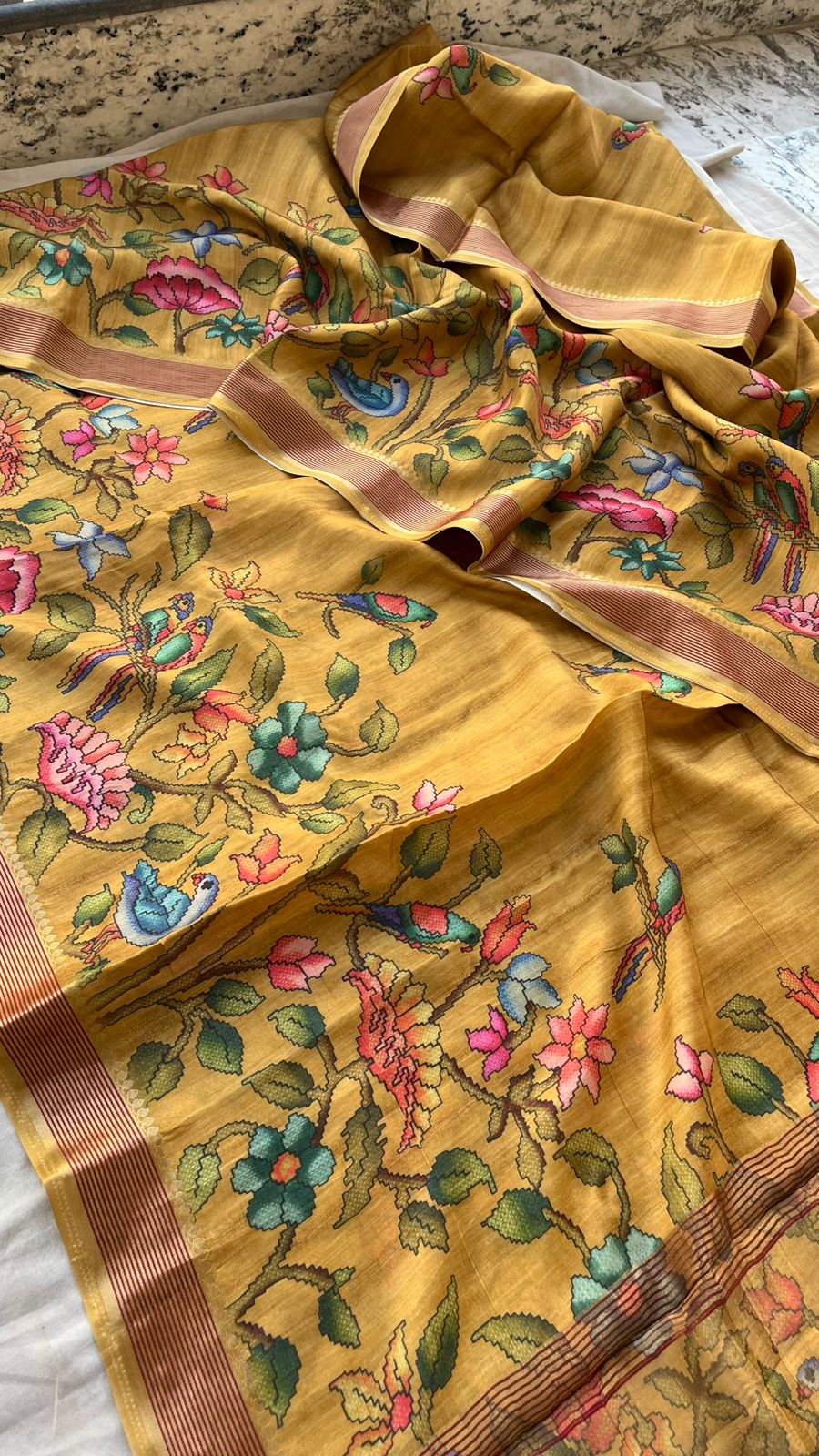 Elegant Crepe Silk Saree with Artistic Digital Floral & Bird Design