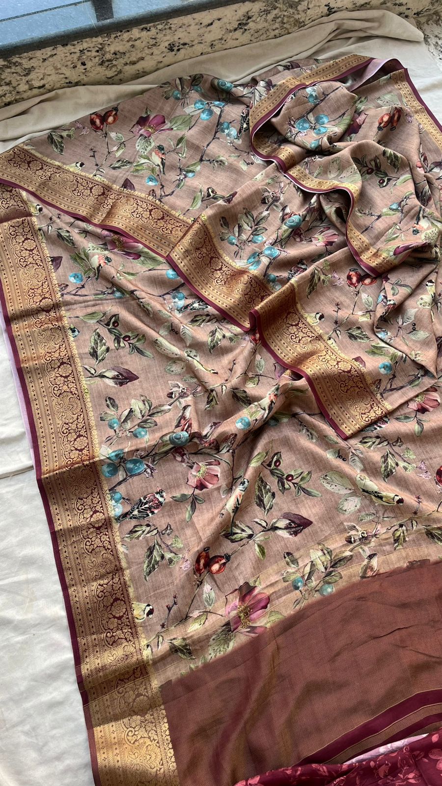 Elegant Crepe Silk Saree with Artistic Digital Floral & Bird Design