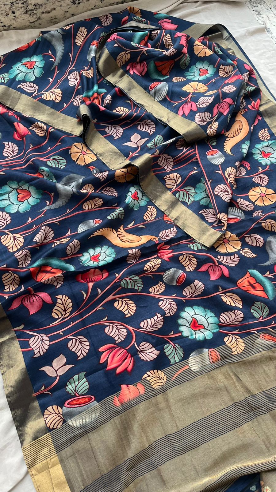 Elegant Crepe Silk Saree with Artistic Digital Floral & Bird Design